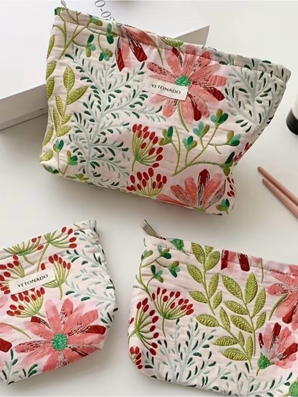 Yetonado Floral Quilted Cosmetic Bags– Pink and Green Galsang Flower Print